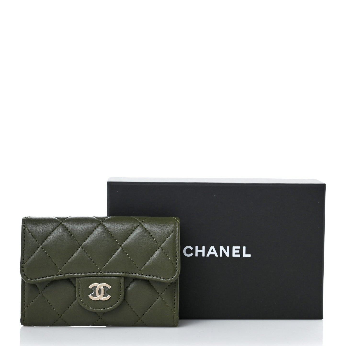 Lambskin Quilted Flap Card Holder Wallet Khaki