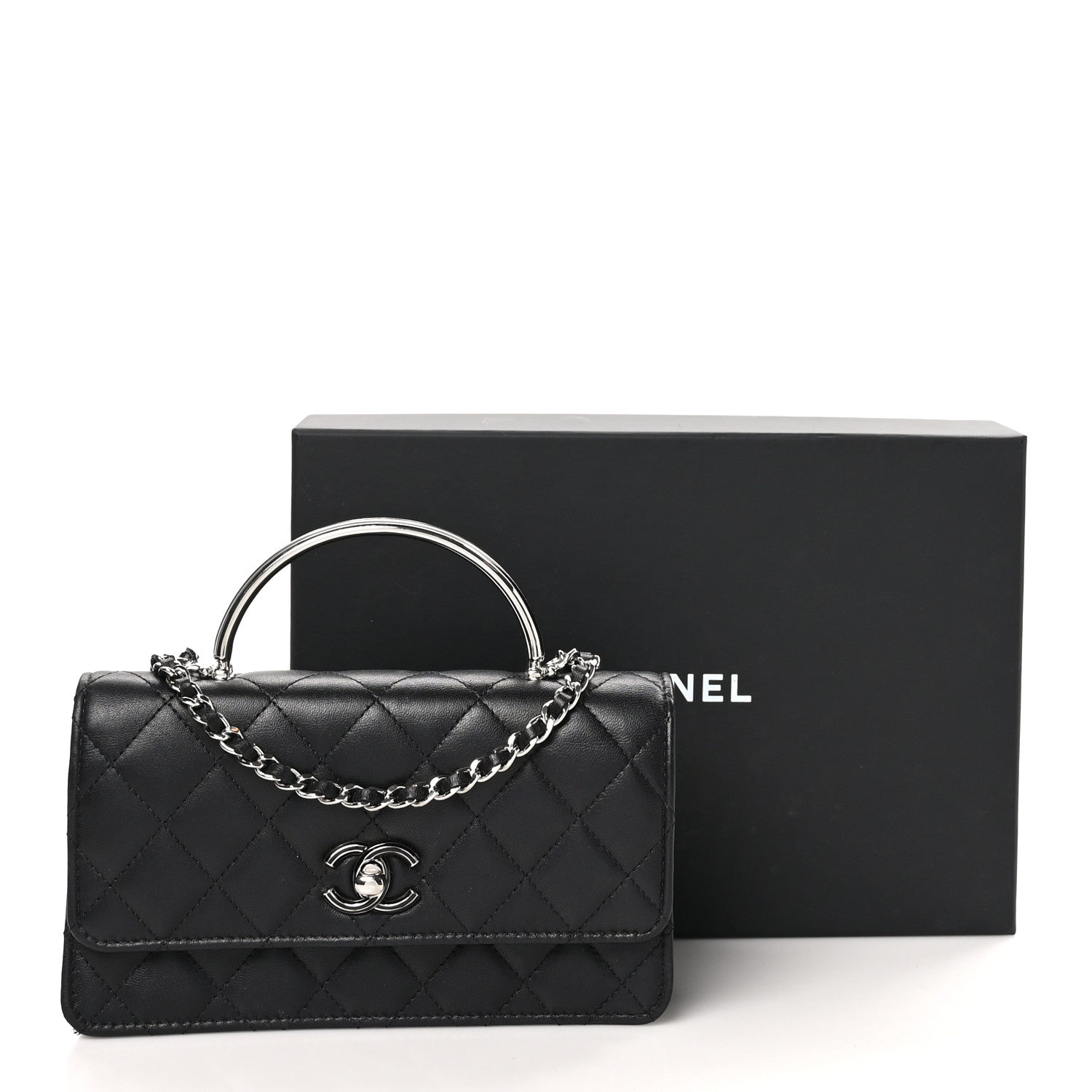 Chanel Lambskin Quilted Metal Top Handle Crossbody Flap Black
