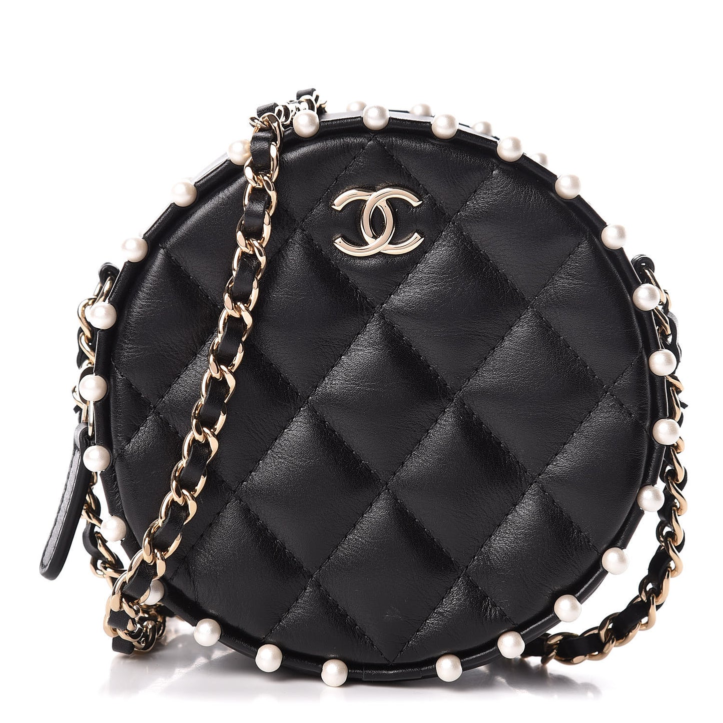 Calfskin Quilted Pearl Round Clutch With Chain Black