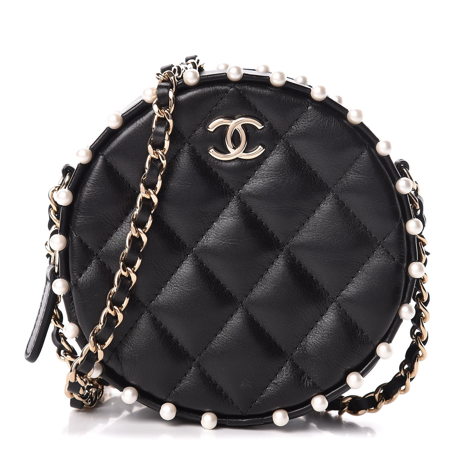 Chanel Calfskin Quilted Pearl Round Clutch With Chain Black 1 of 11