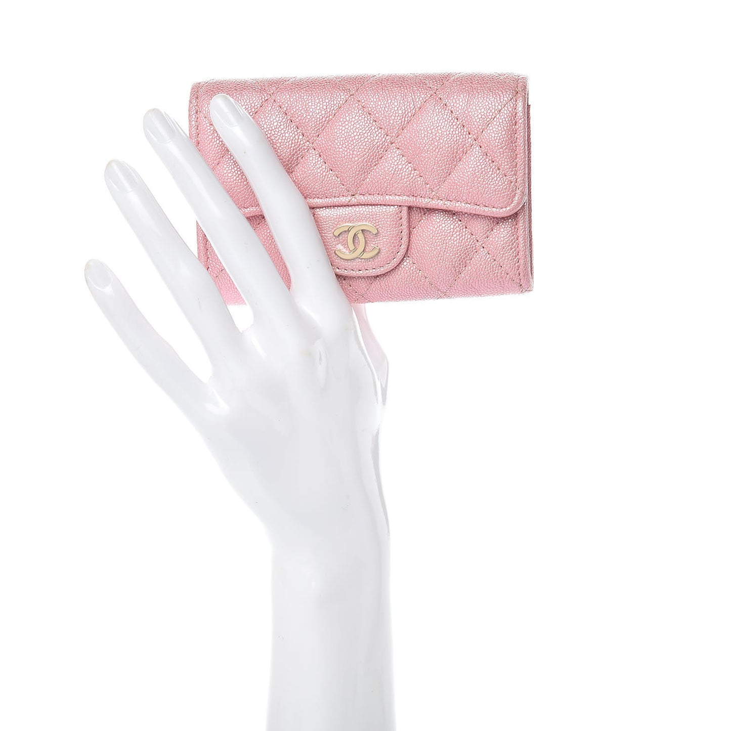Iridescent Caviar Quilted Flap Card Holder Rose Pink