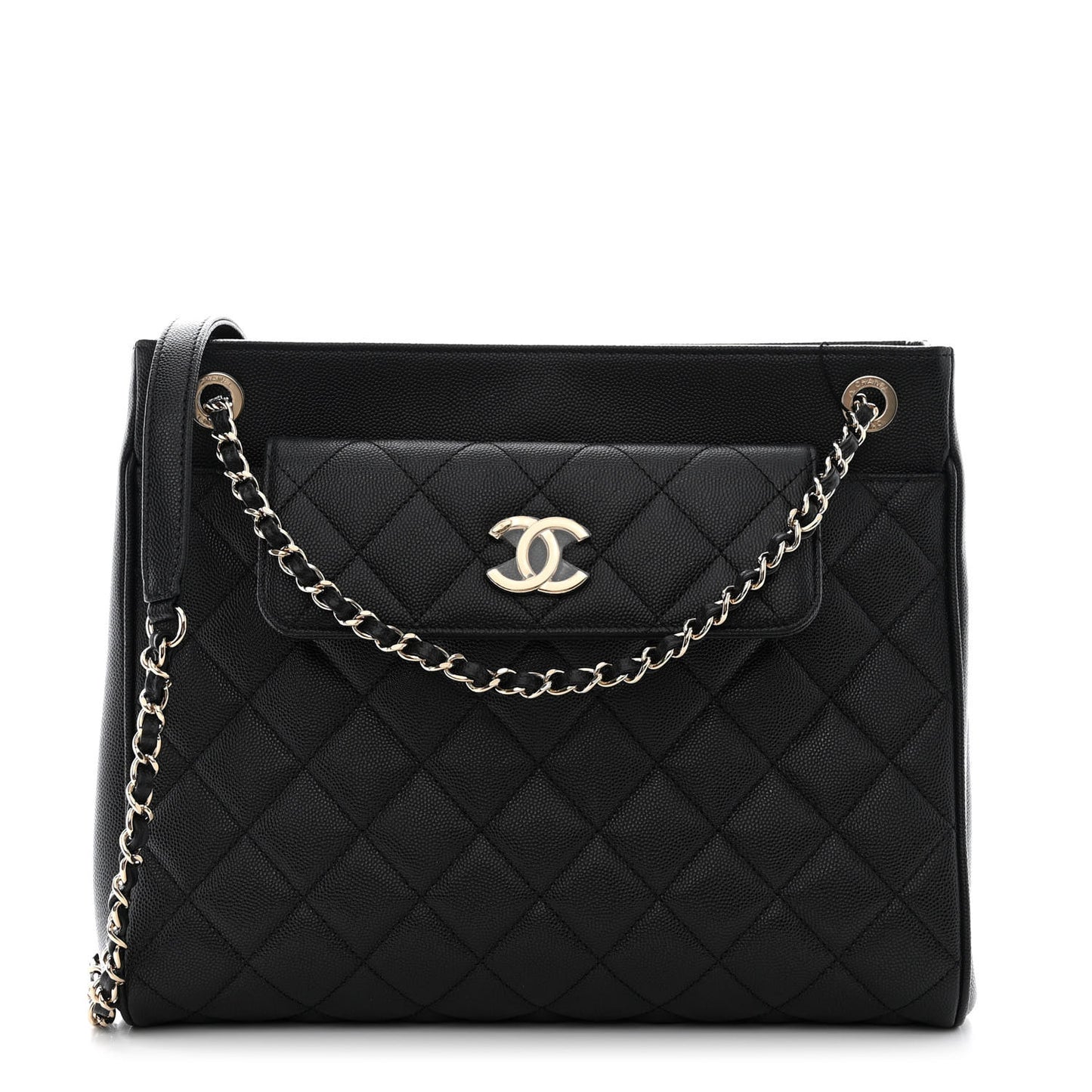 Caviar Quilted In Out Flap Shopping Tote Black
