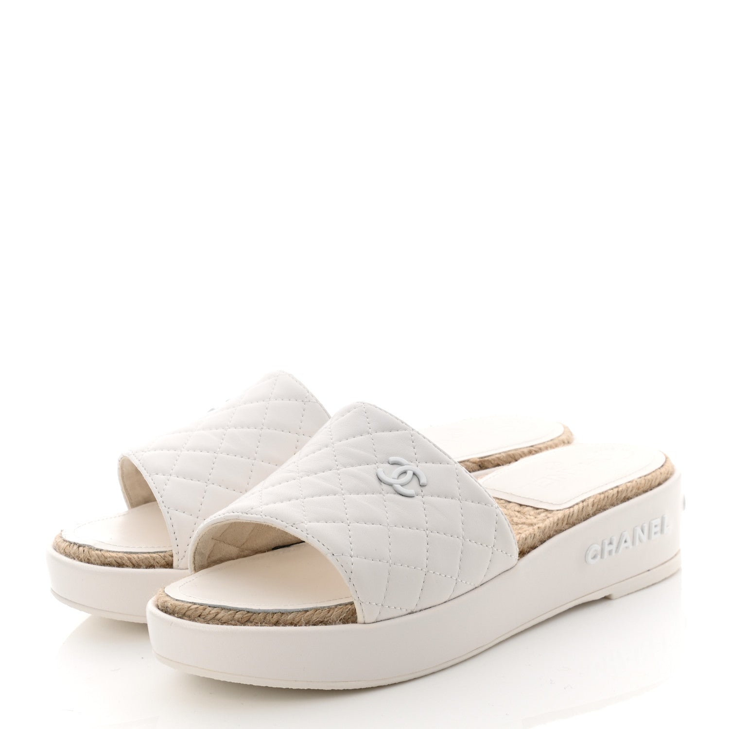 Chanel Lambskin Quilted CC Espadrille Slip On Sandals 39 White 3 of 8