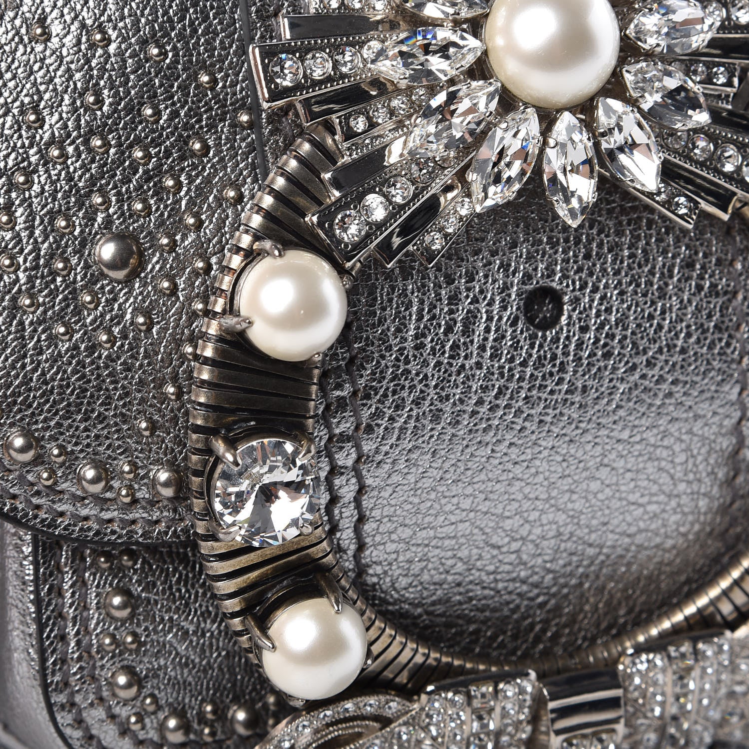 Miu Miu Goatskin Madras Soft Calfskin Crystal Embellished Dahlia Shoulder Bag Chrome 11 of 16