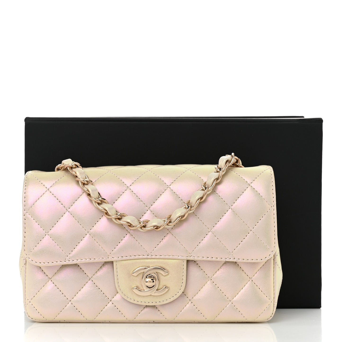 Iridescent Lambskin Quilted Mini Rectangular Flap Ivory