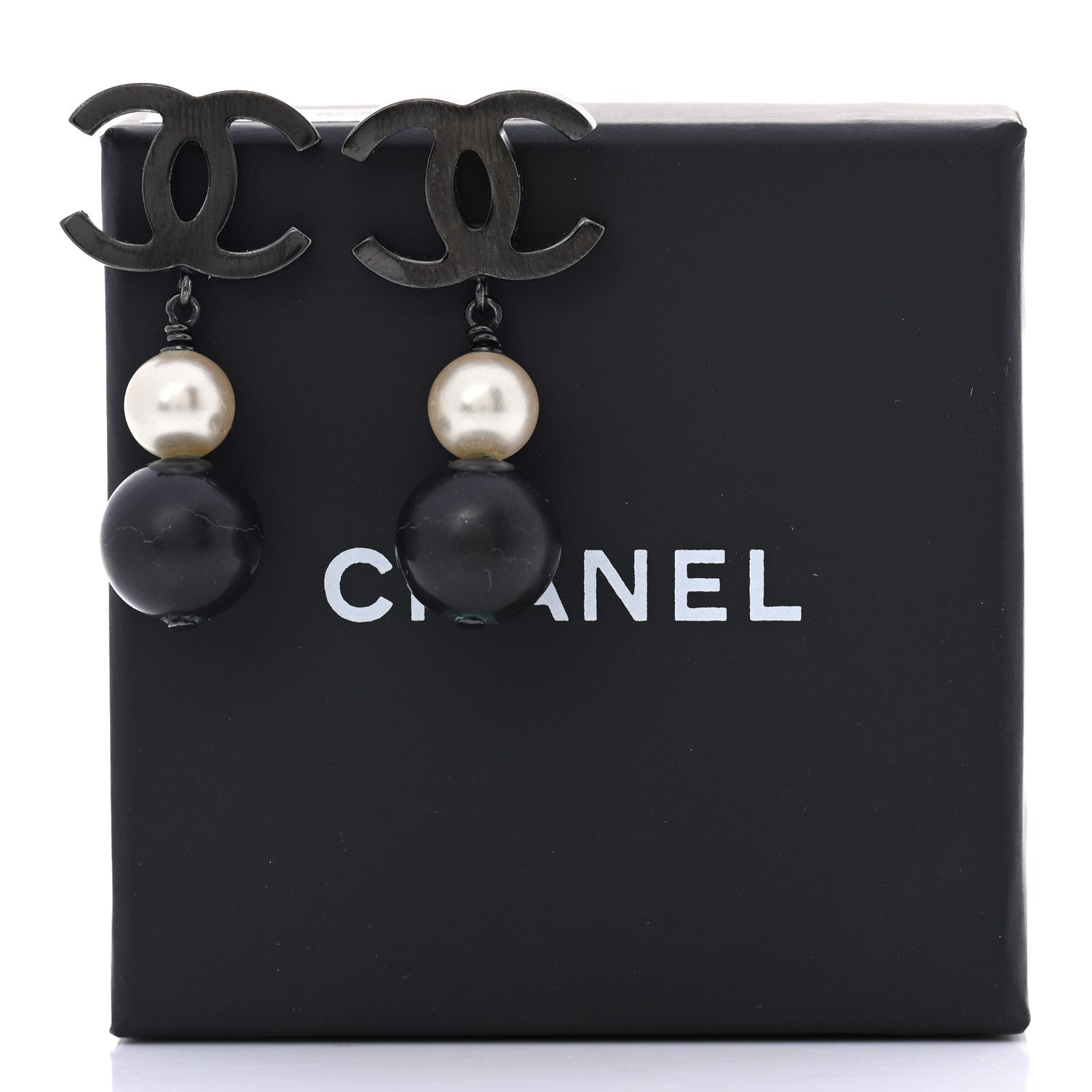 Chanel Ruthenium Pearl Bead CC Drop Earrings Black 5 of 5