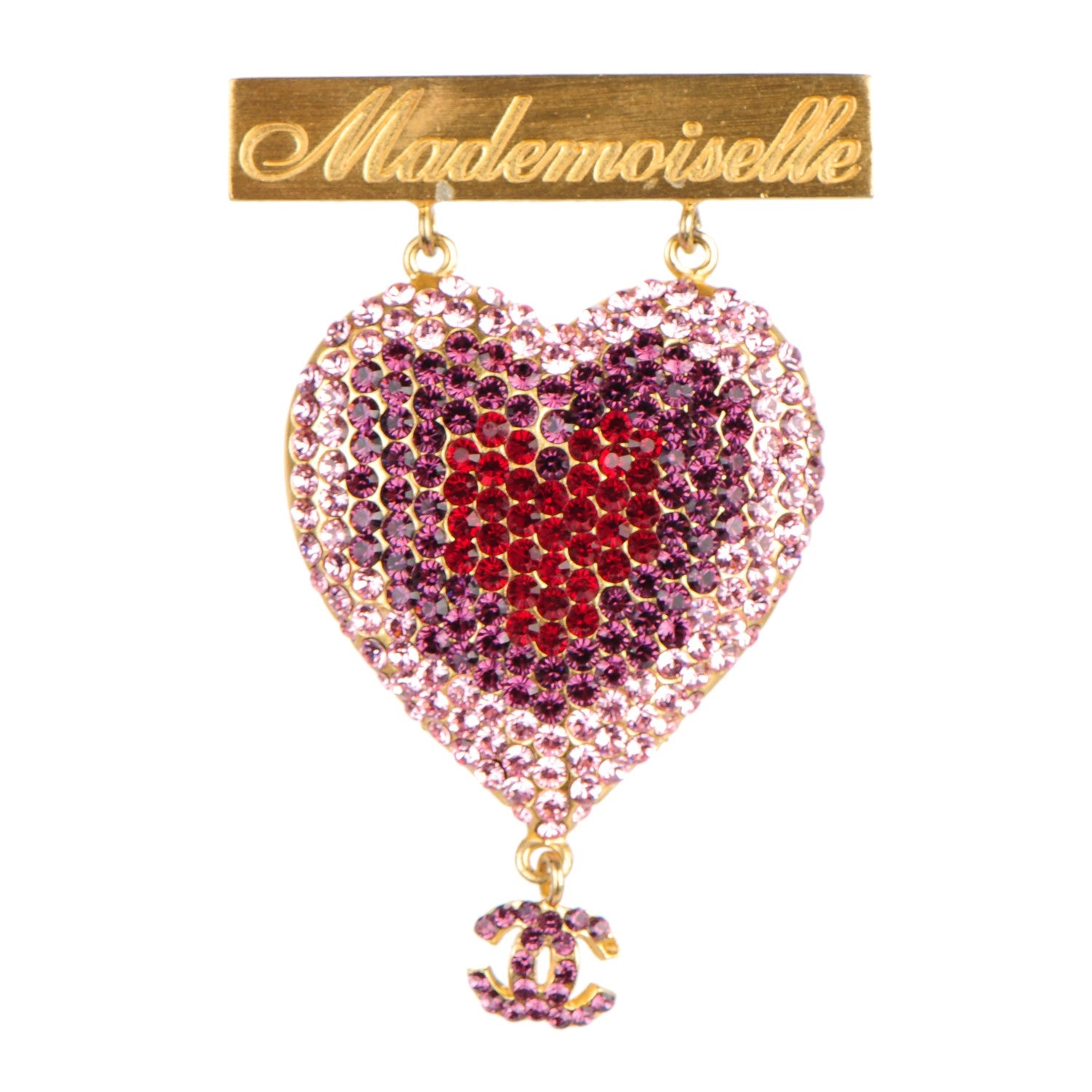 Chanel Crystal CC Mademoiselle Heart Brooch Pink Gold 1 of 4