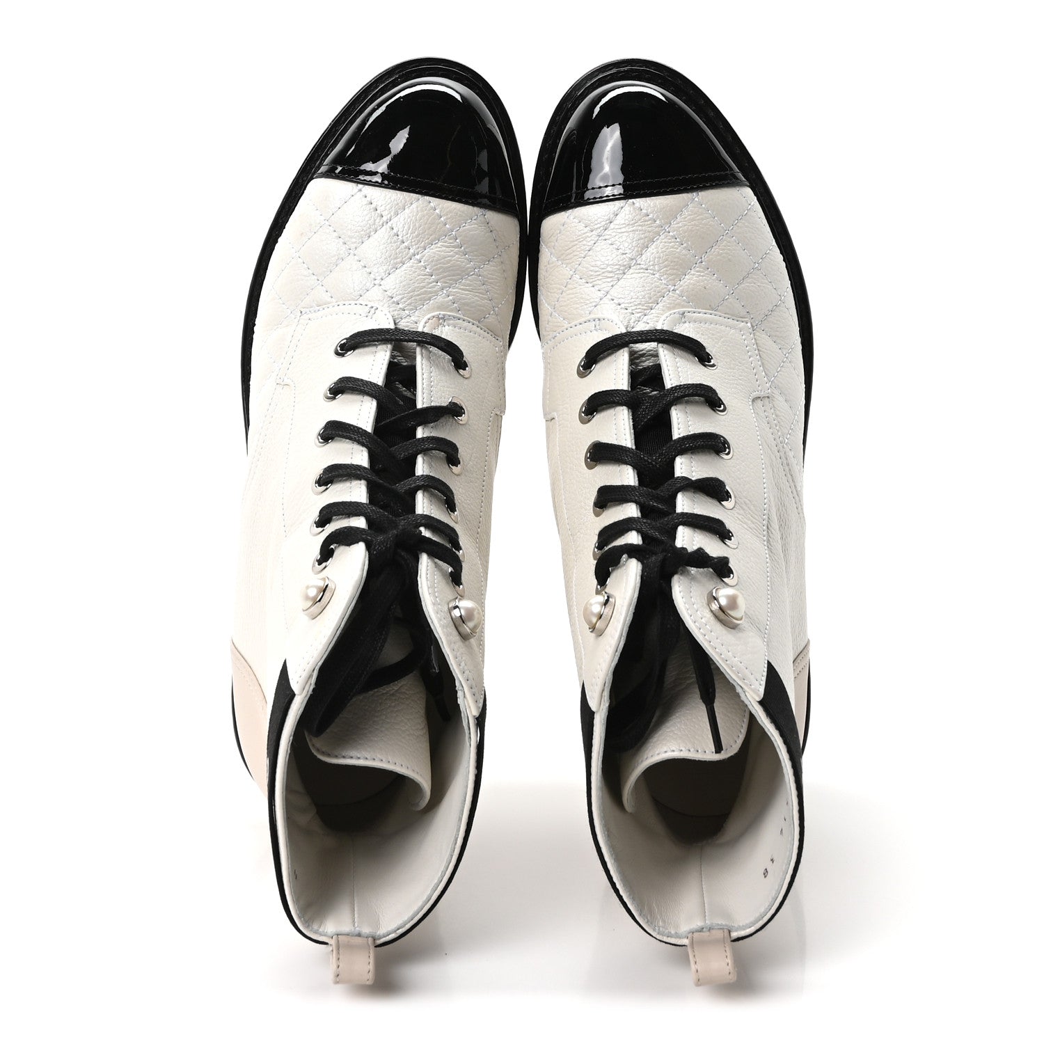Chanel Pearly Calfskin Patent Calfskin Quilted Lace Up Boots 38 White Light Gray Black 2 of 10