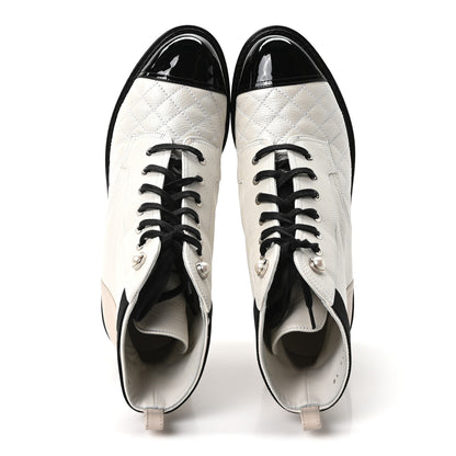 Chanel Pearly Calfskin Patent Calfskin Quilted Lace Up Boots 38 White Light Gray Black 2 of 10