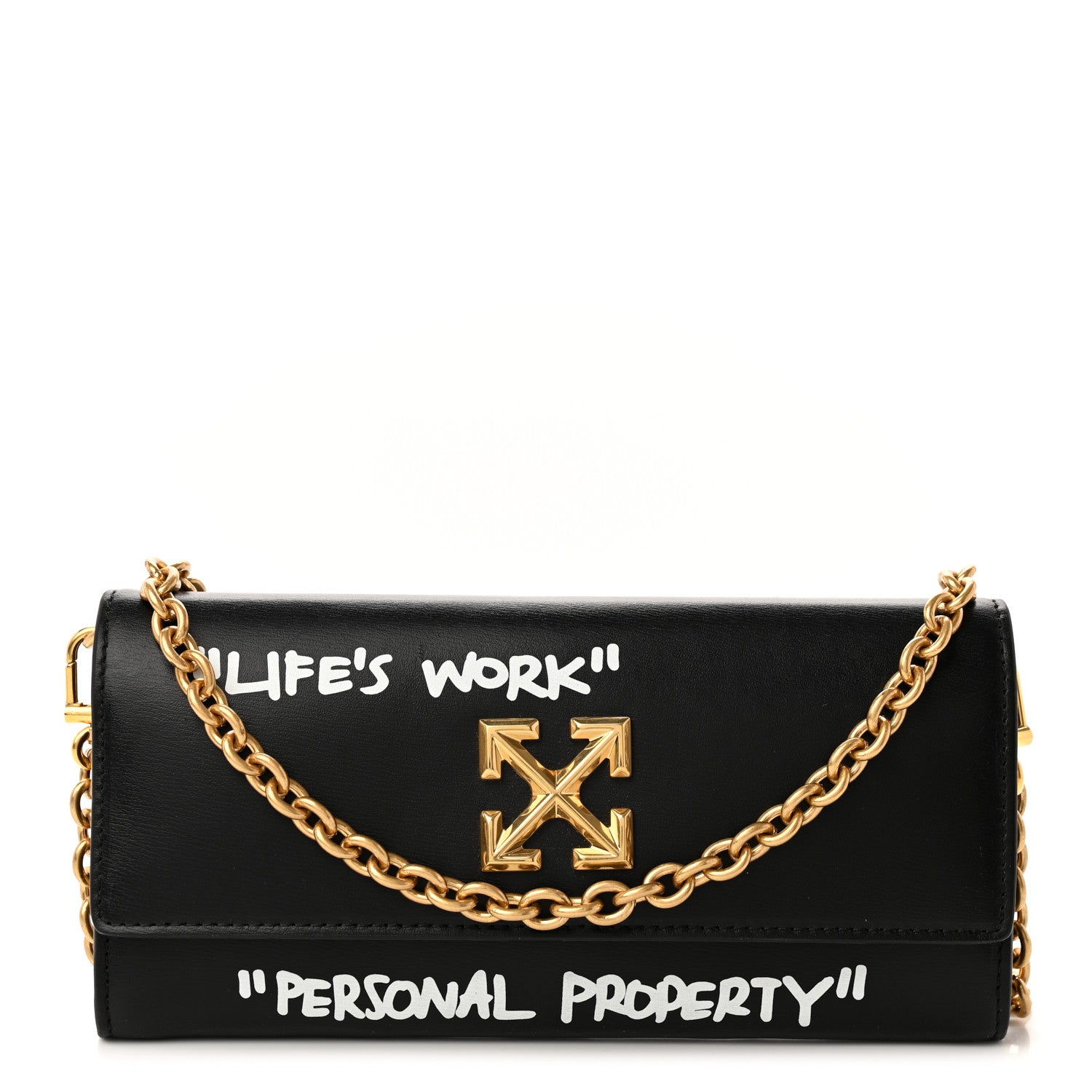Off-White Calfskin Jitney Logo Flap Wallet On Chain Black 1 of 9