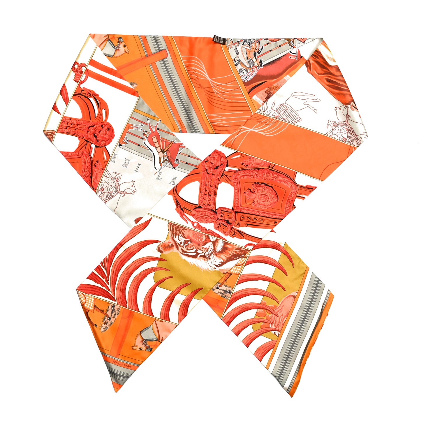 Silk Carre En Carres Maxi Twilly Orange Gris Vieil Or