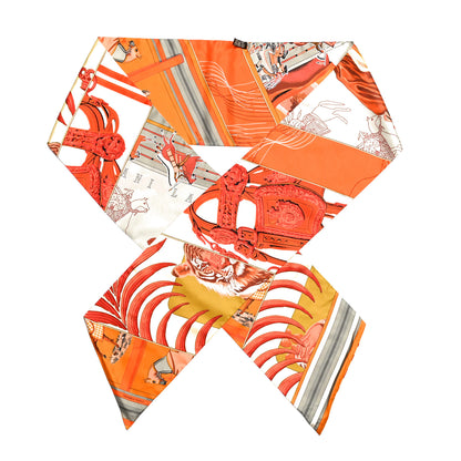 Hermes Silk Carre En Carres Maxi Twilly Orange Gris Vieil Or 1 of 5