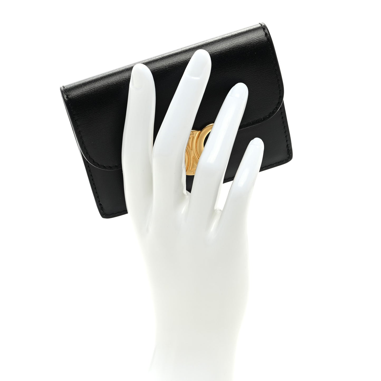 Shiny Calfskin Triomphe Flap Card Holder Black
