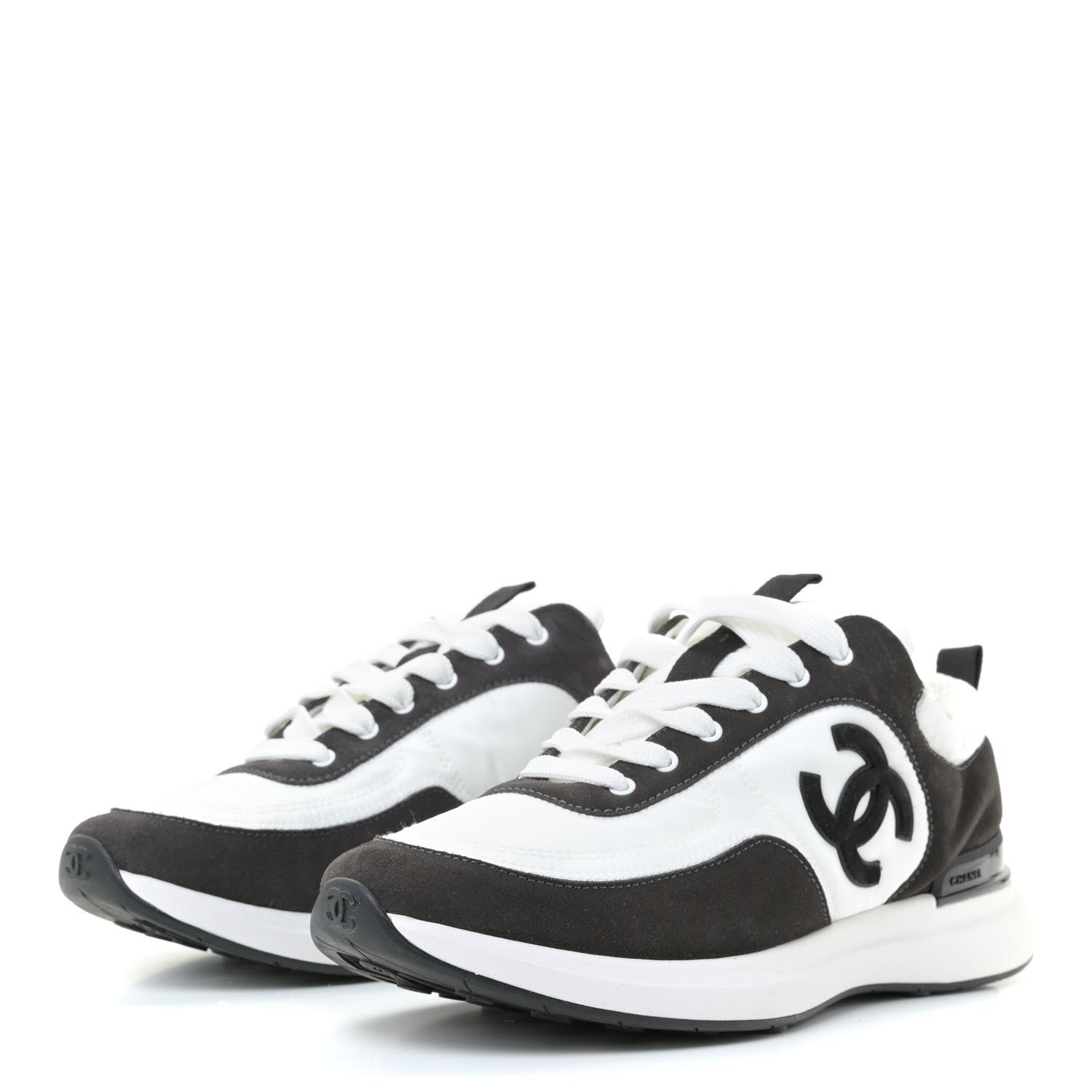 Chanel Nylon Calfskin Suede Womens CC Sneakers 39.5 White Black 3 of 12