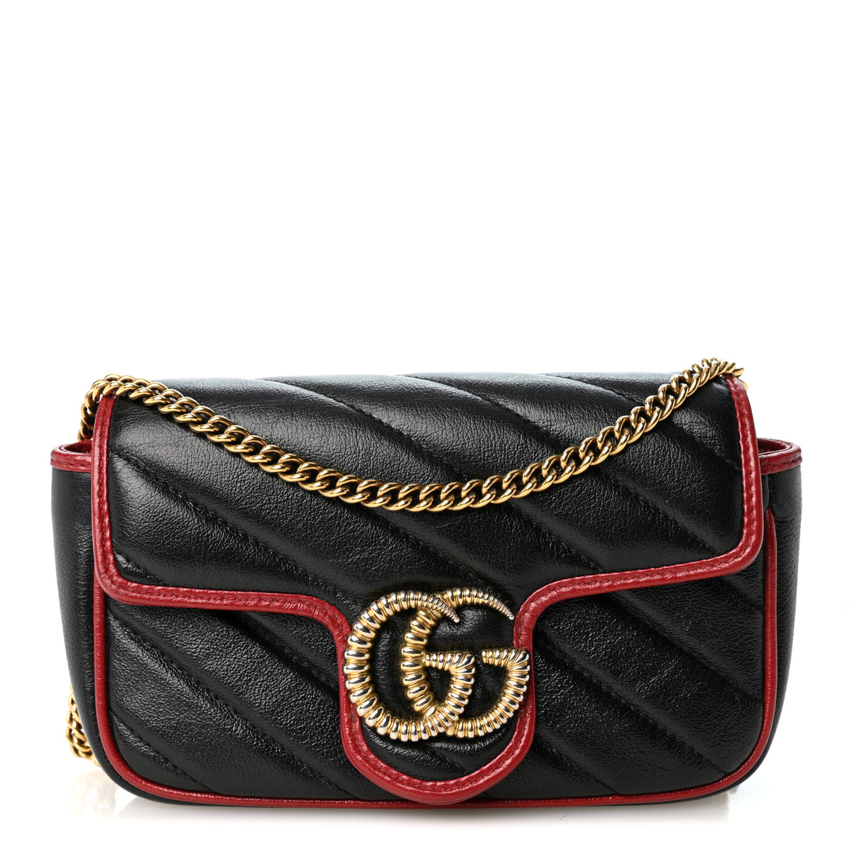 Gucci Vintage Effect Calfskin Matelasse Diagonal Super Mini Torchon GG Marmont Shoulder Bag Black Romantic Cherry 1 of 10