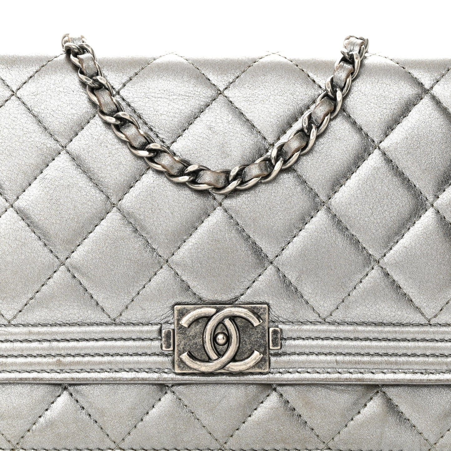 Metallic Calfskin Quilted Boy Wallet On Chain WOC Silver