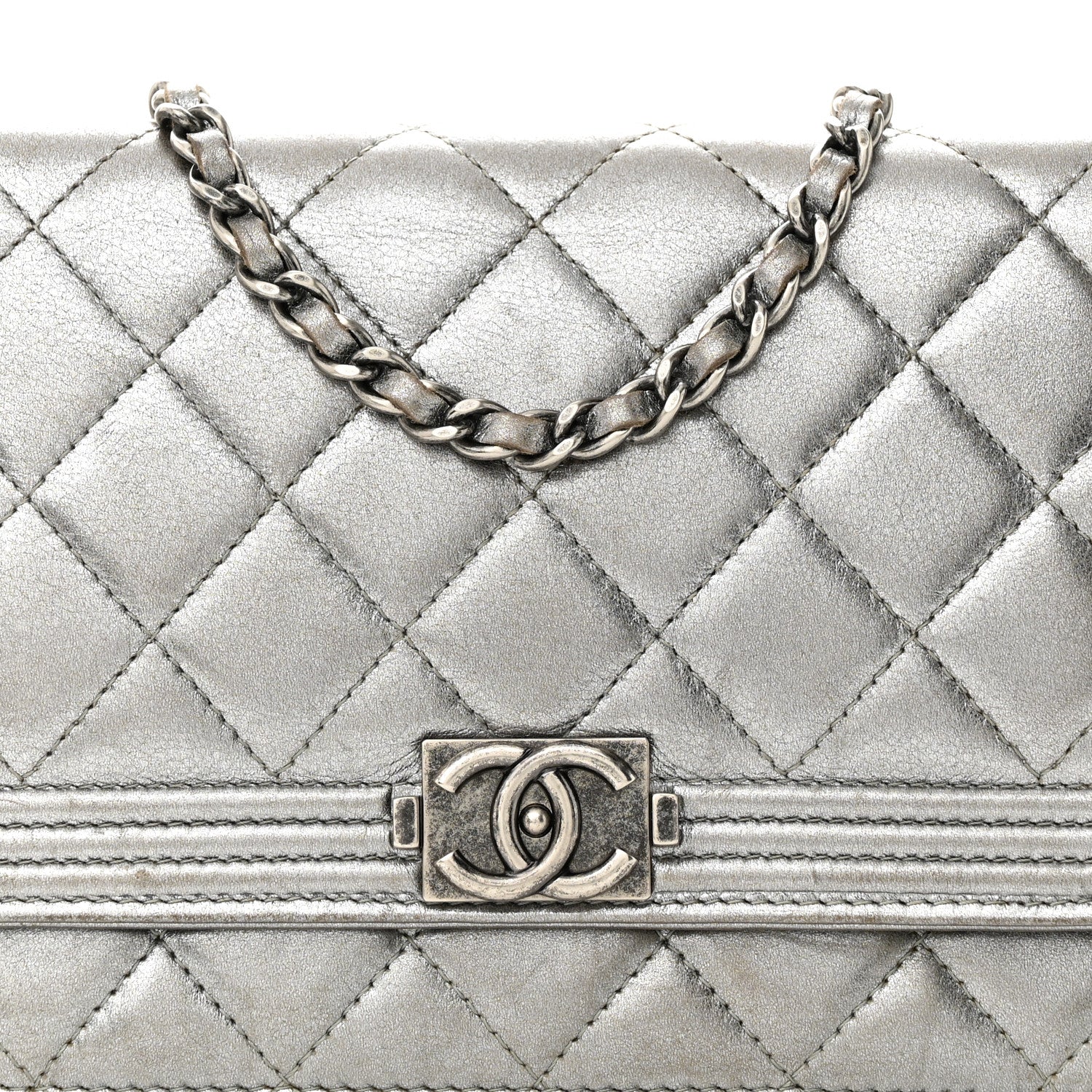 Chanel Metallic Calfskin Quilted Boy Wallet On Chain WOC Silver 9 of 11