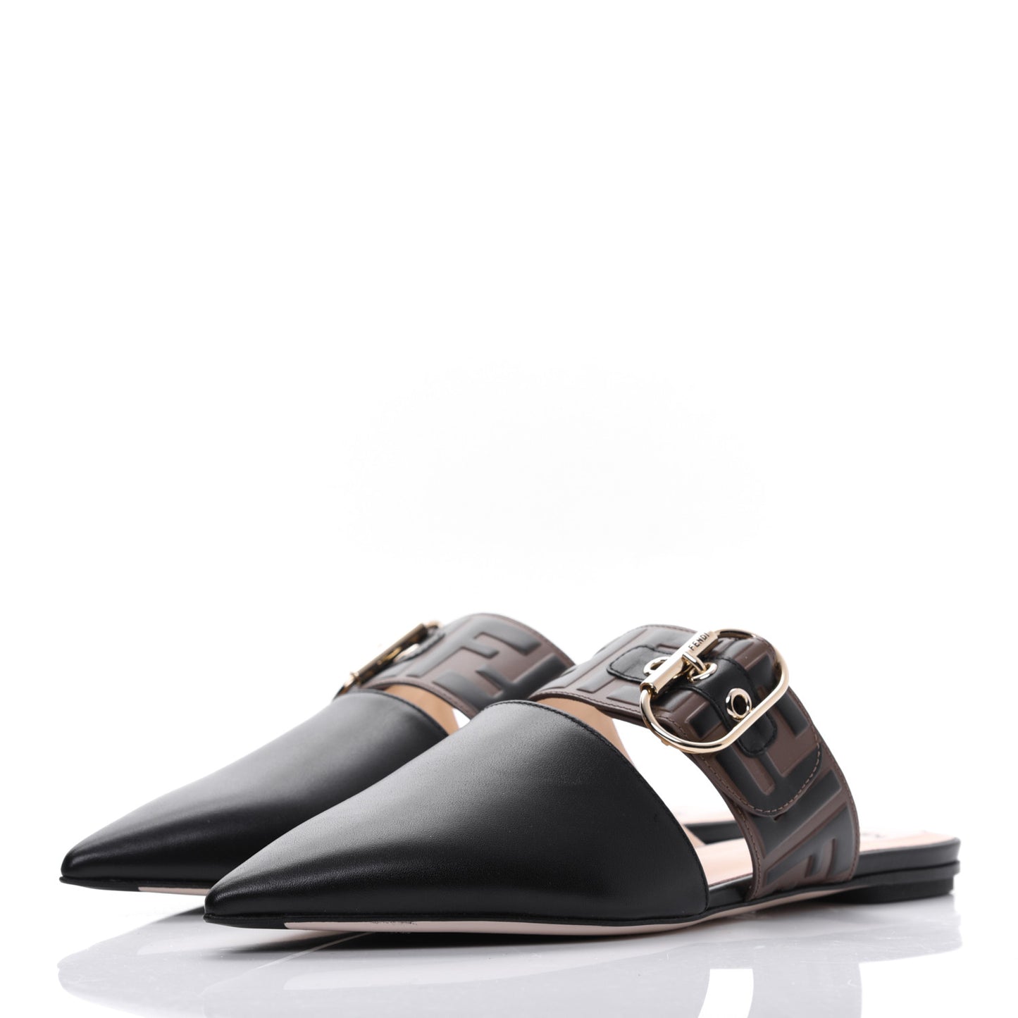 Vitello FF Embossed Buckle Flat Mules 37 Maya Black
