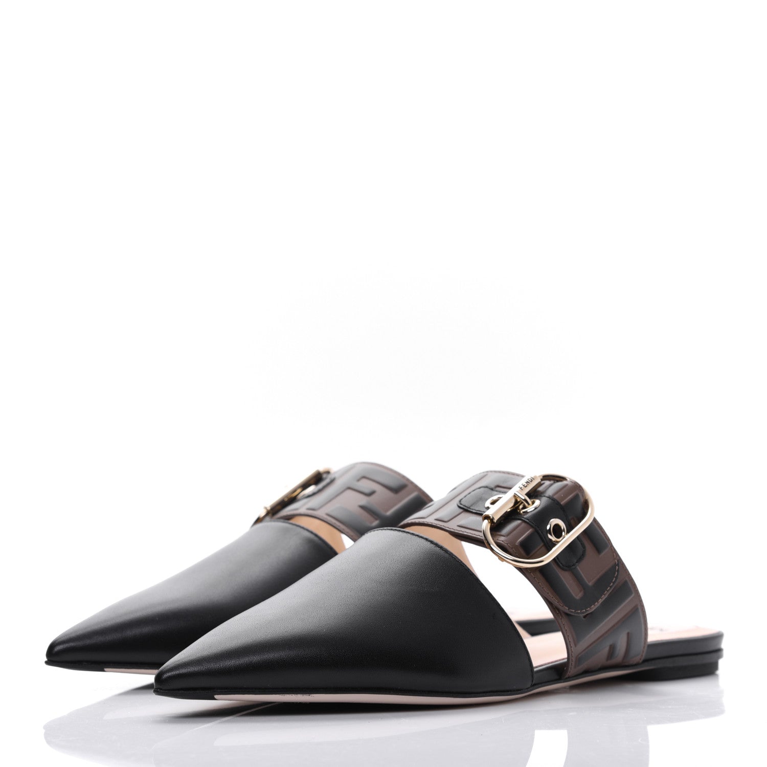 Fendi Vitello FF Embossed Buckle Flat Mules 37 Maya Black 3 of 8