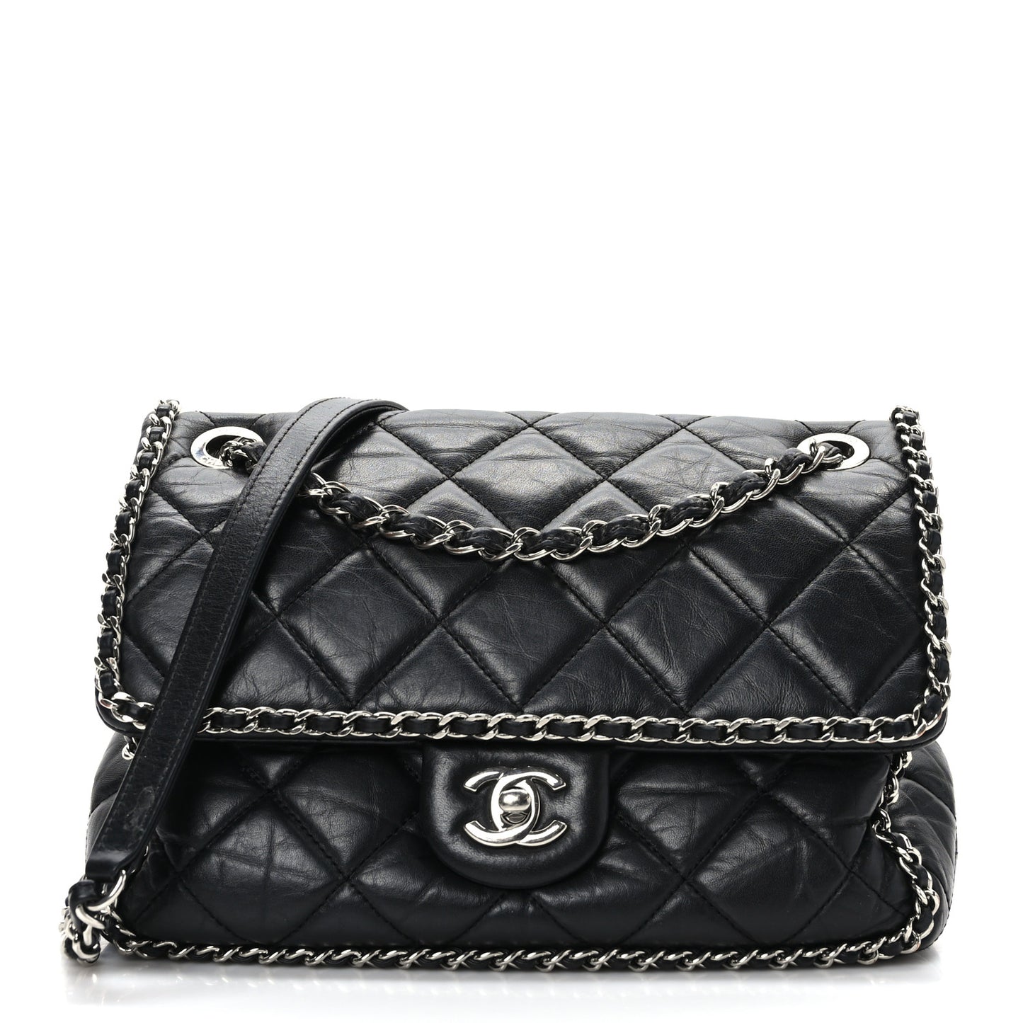 Crumpled Calfskin Medium Chain All Over Flap Black