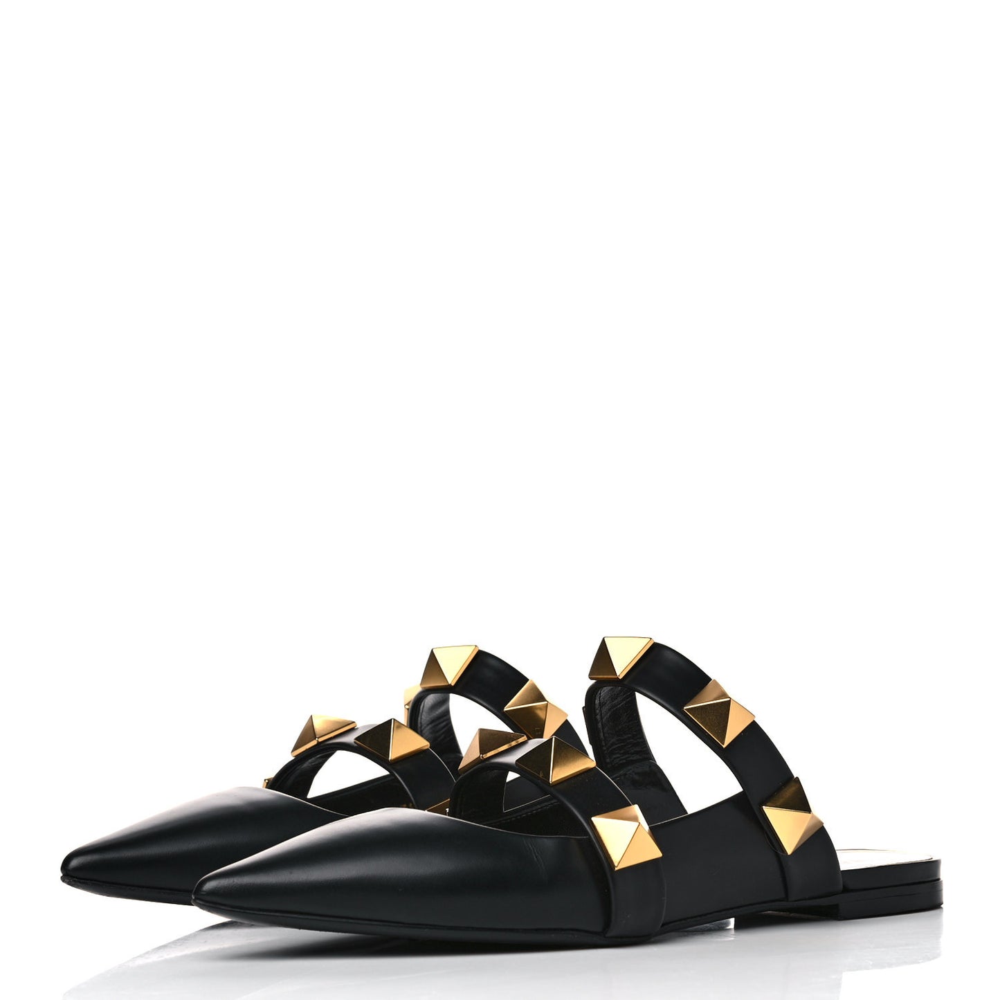Calfskin Roman Stud Flat Mules 38 Black