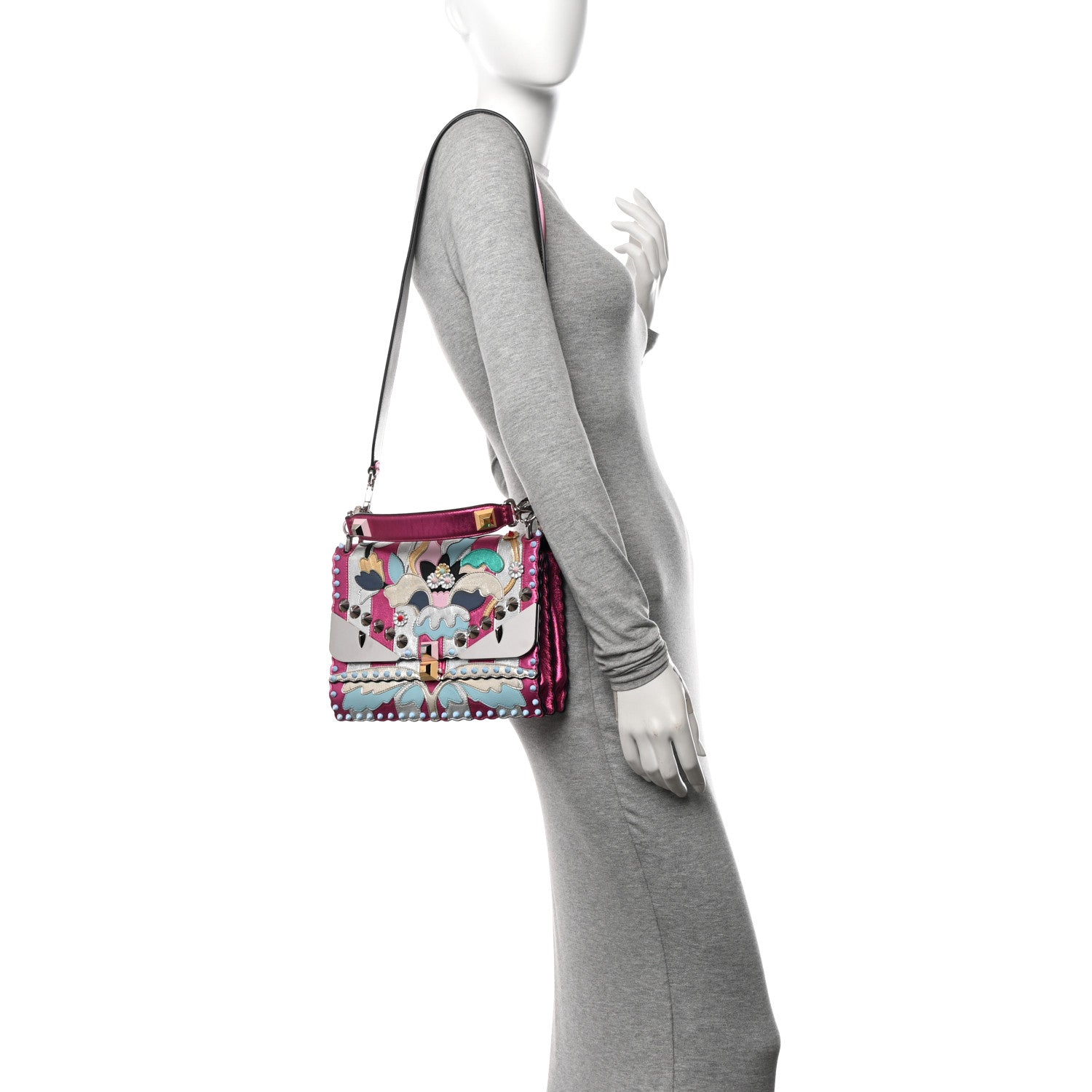 Fendi Metallic Calfskin Wonder Monster Kan I Shoulder Bag Pink Silver 2 of 14