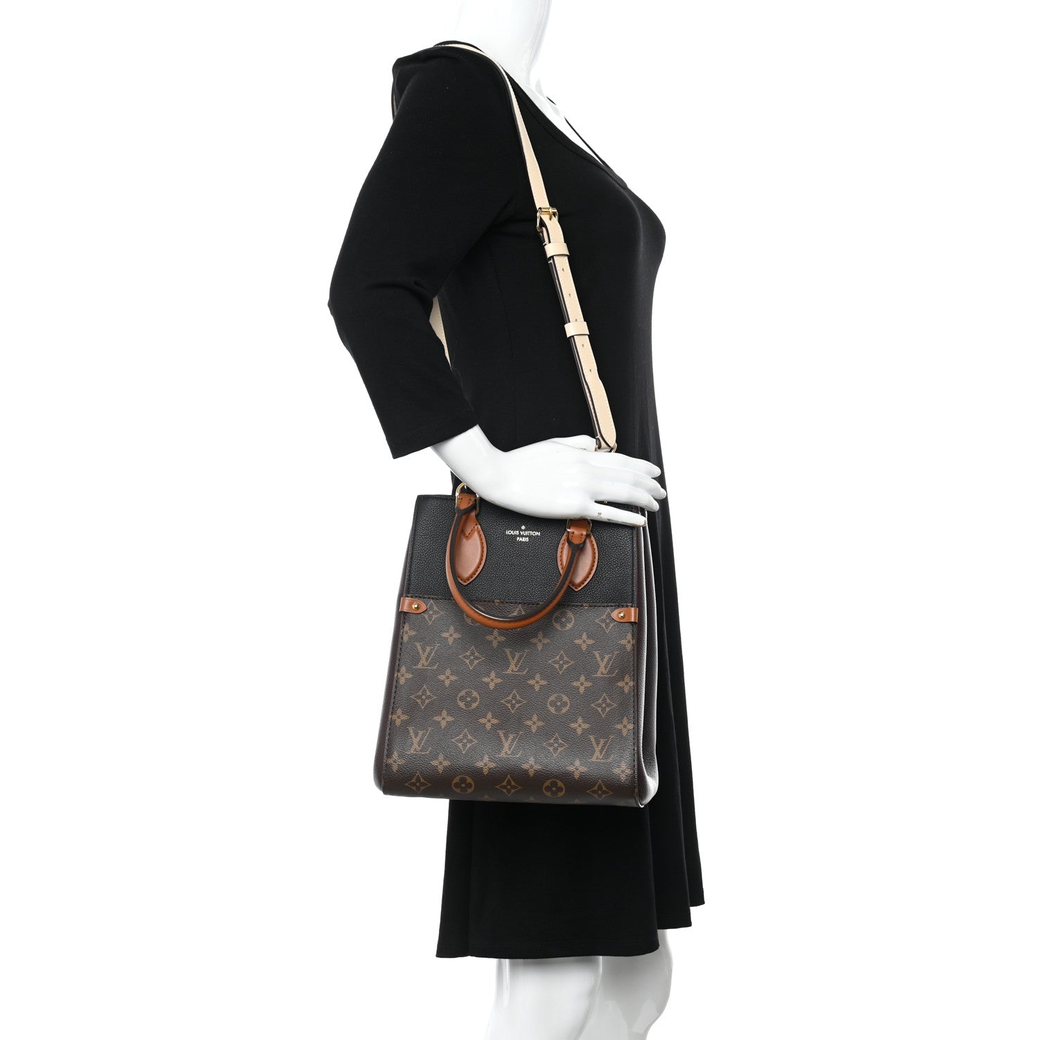 Louis Vuitton Calfskin Monogram Fold Tote MM Black Wine Cream 2 of 9