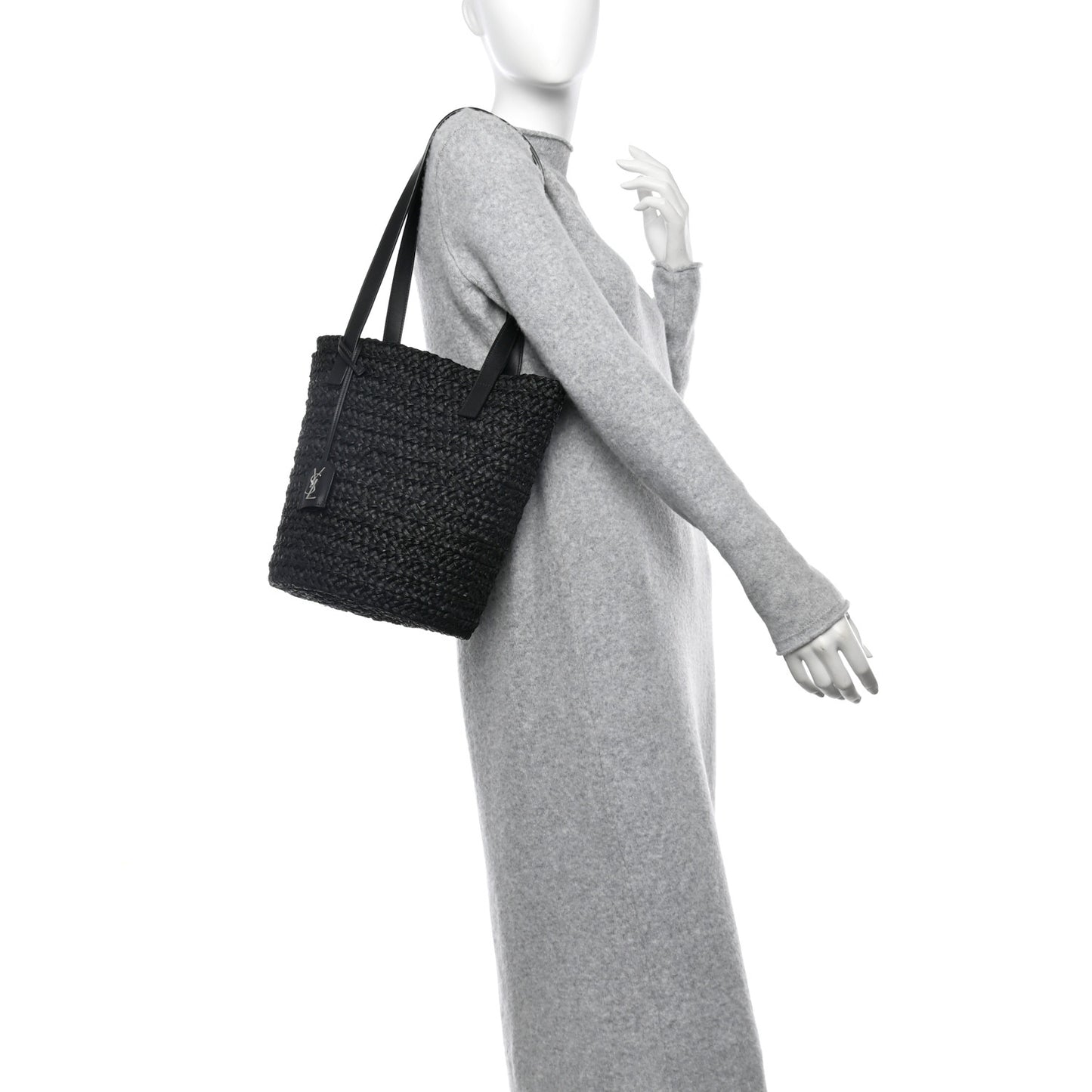 Raffia Calfskin Small Panier Tote Black