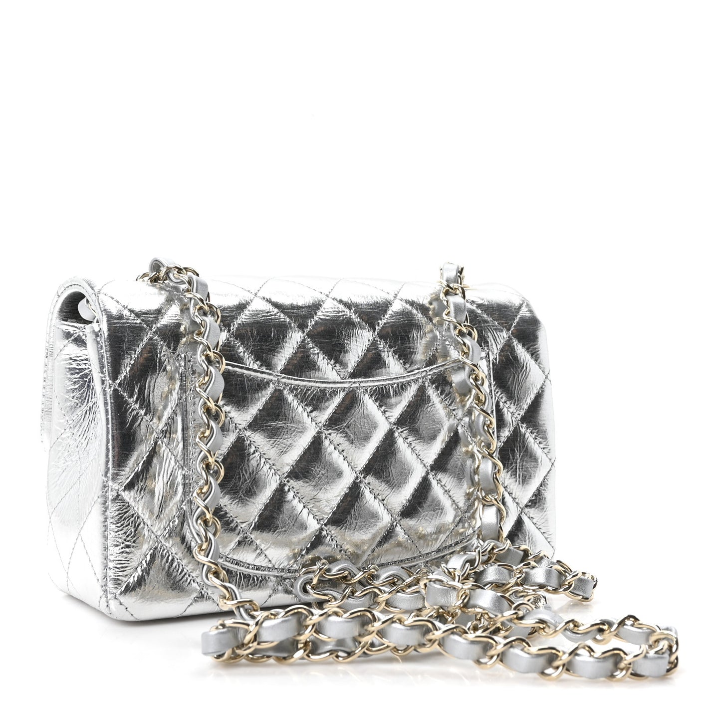Hammered Metallic Calfskin Quilted Small Double Flap Silver