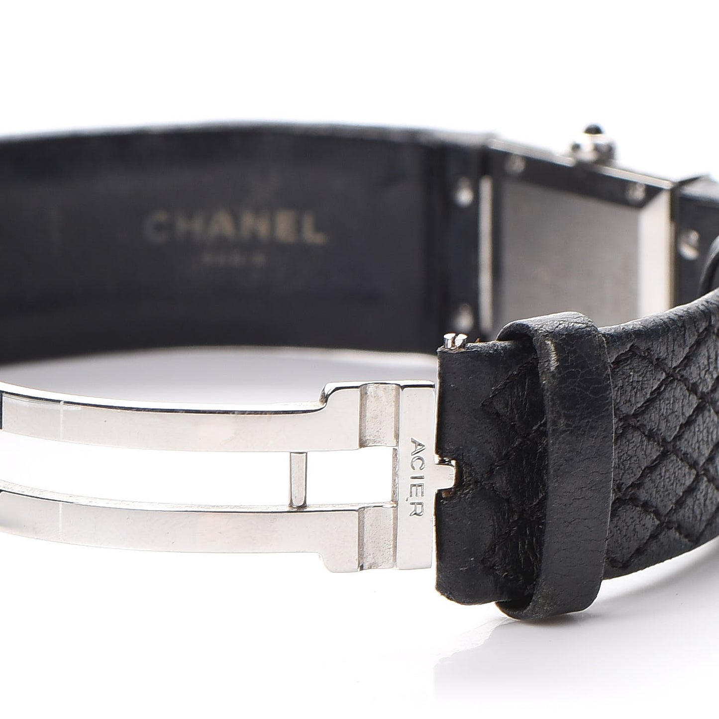 Stainless Steel Calfskin 19mm Quilted Matelasse Quartz Watch Black