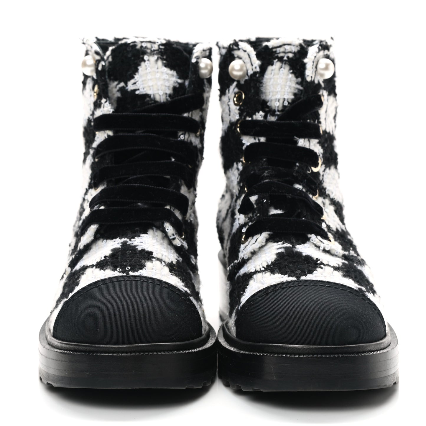 Tweed Grosgrain Pearl Combat Short Boots 38.5 White Black