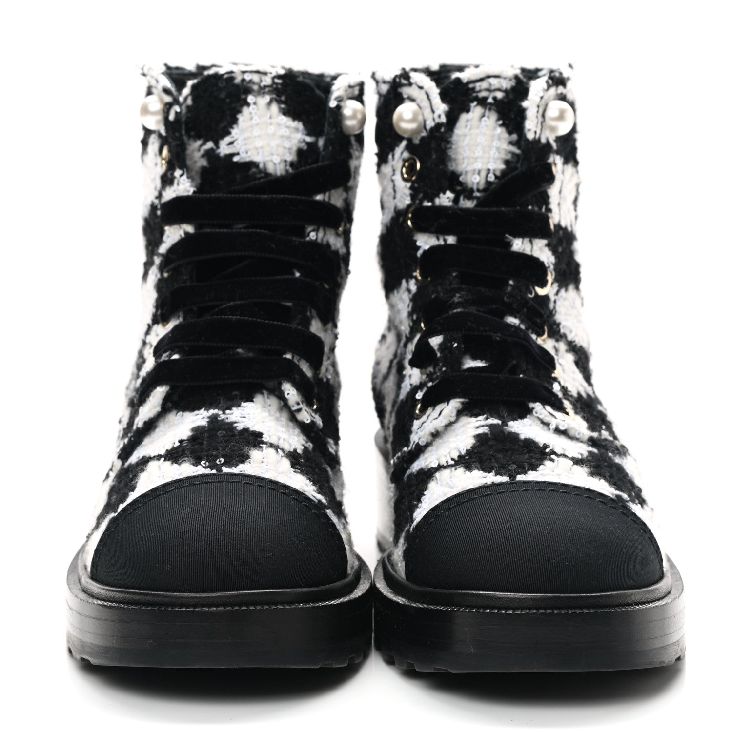 Chanel Tweed Grosgrain Pearl Combat Short Boots 38.5 White Black 2 of 8