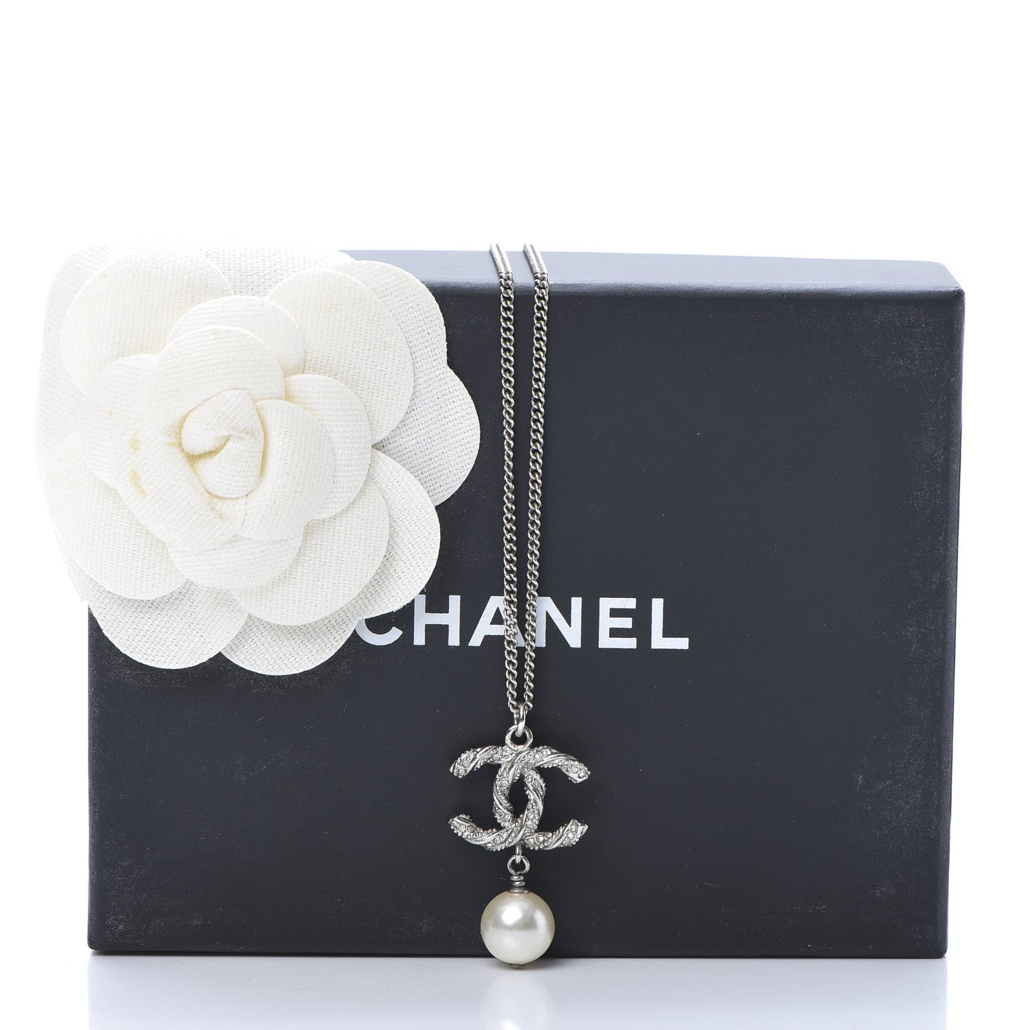 Chanel Crystal Pearl Twisted CC Drop Necklace Silver 5 of 5