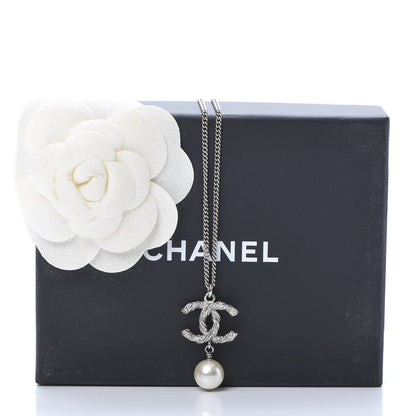 Chanel Crystal Pearl Twisted CC Drop Necklace Silver 5 of 5