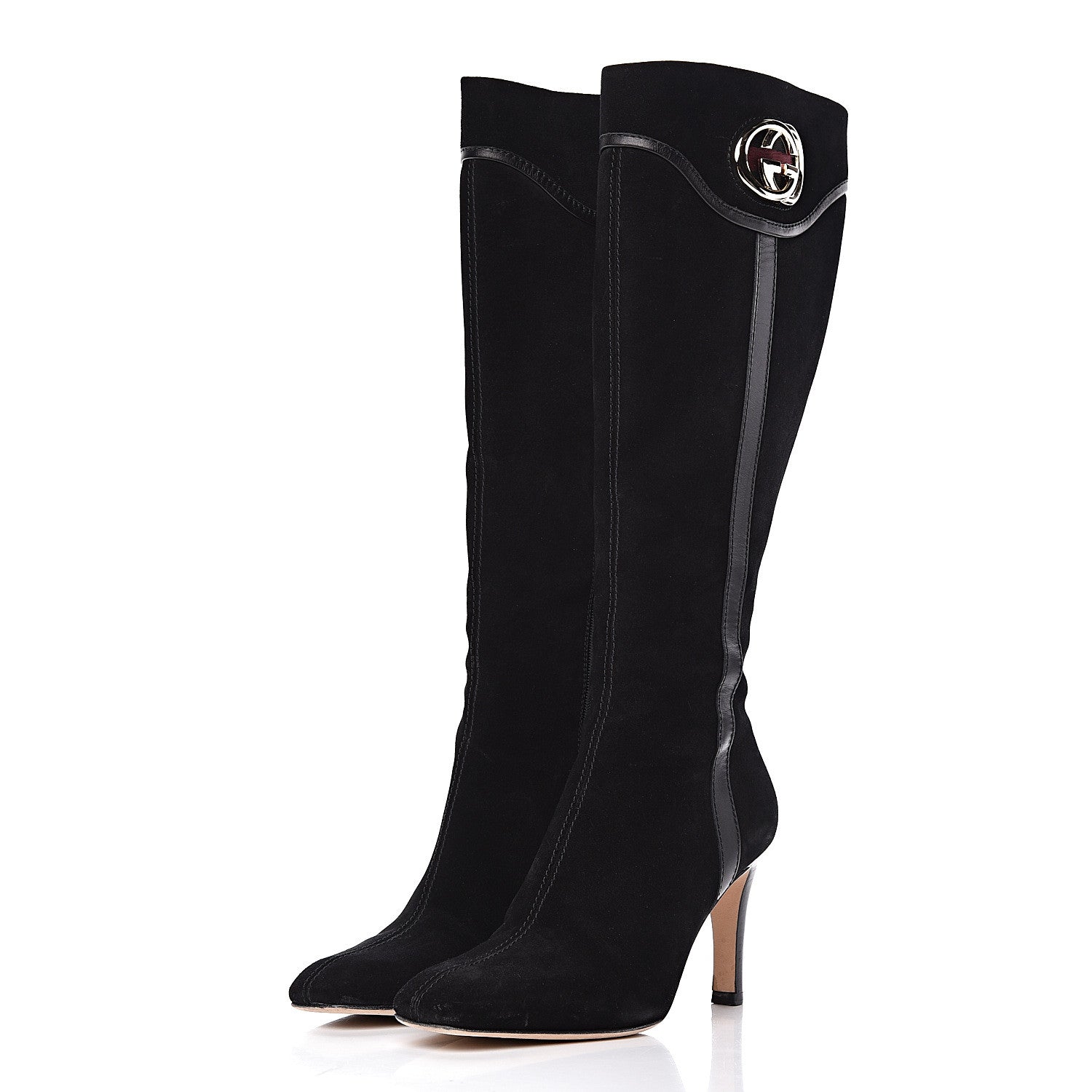Gucci Suede Calfskin Interlocking G Knee High Web Boots 8 Black 3 of 12