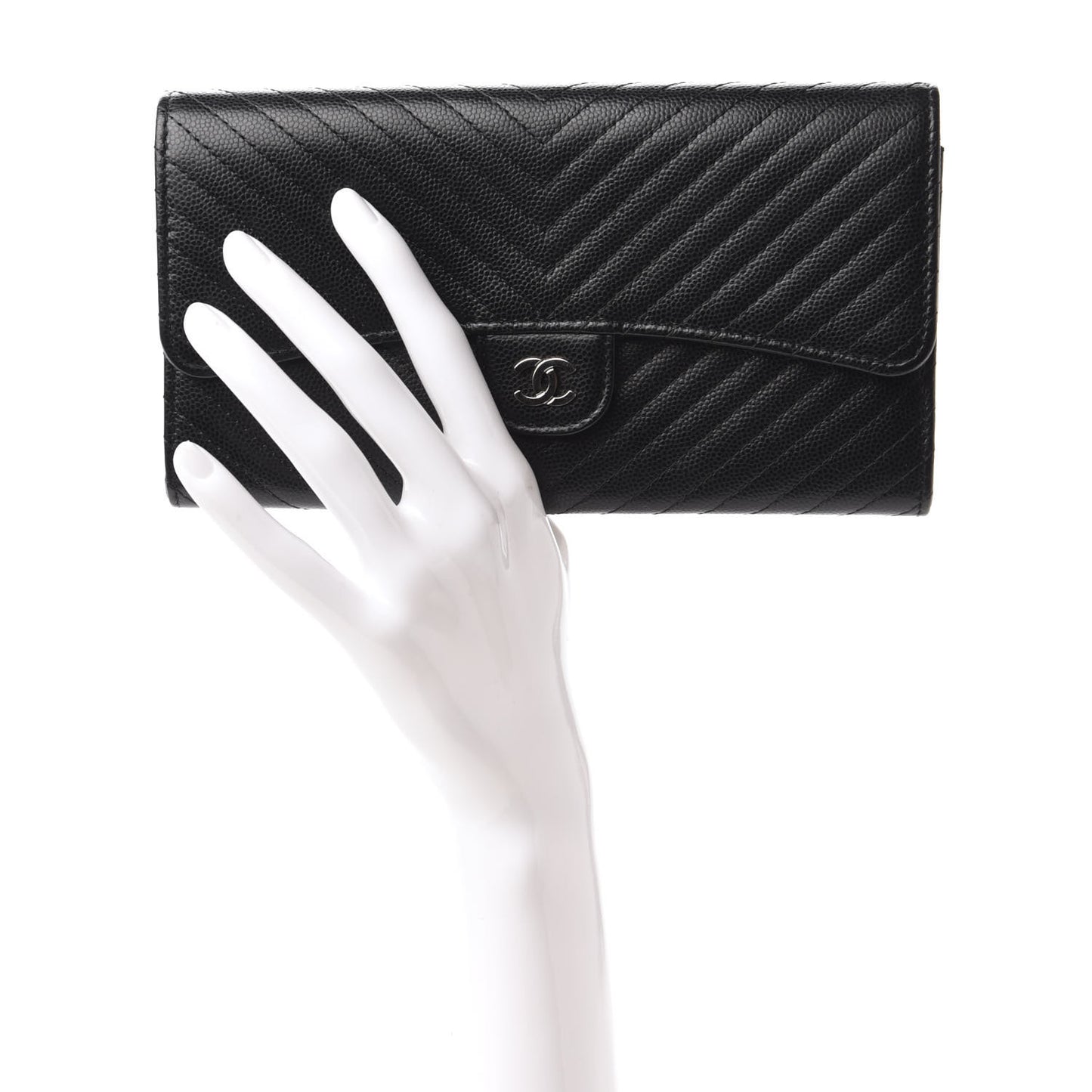 Caviar Chevron Quilted Large Flap Wallet Black