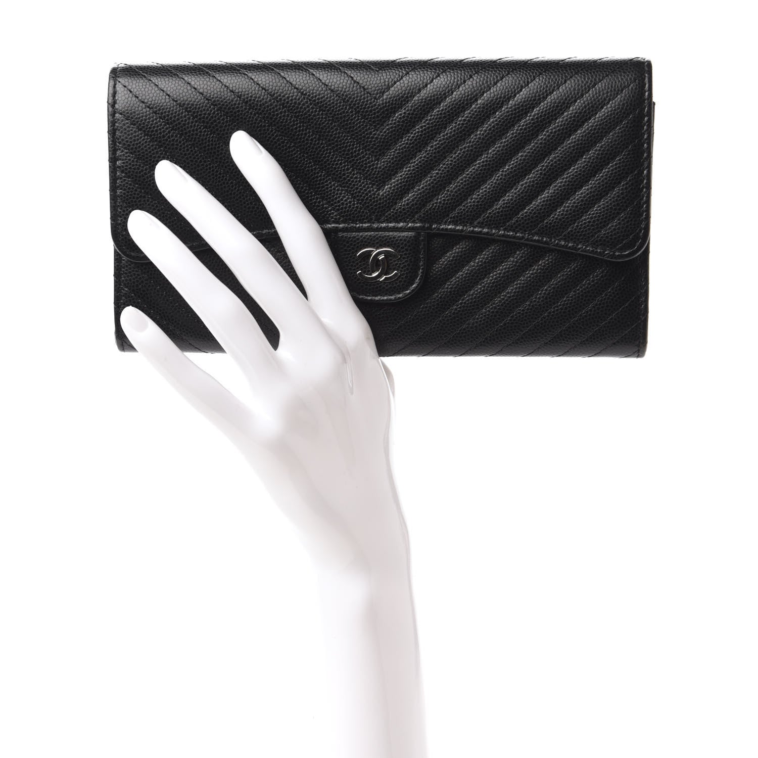 Chanel Caviar Chevron Quilted Large Flap Wallet Black 2 of 12