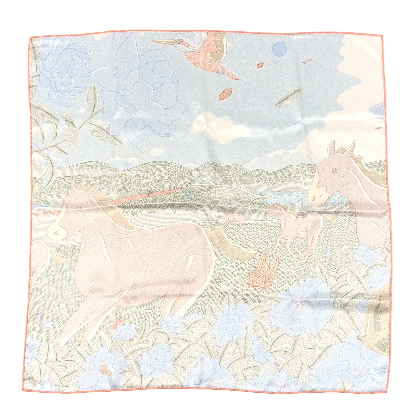 Vintage Silk Ivresse Au Vent Scarf 70 Bleu Pale Vert Amande