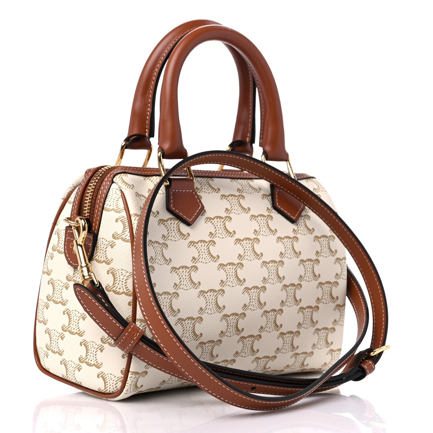 Triomphe Canvas Calfskin Small Boston Bag White