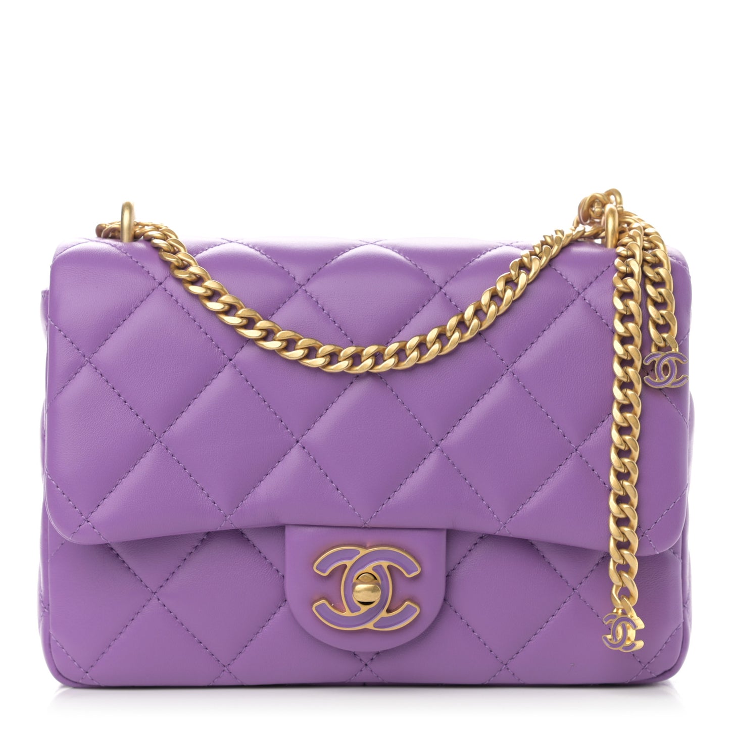 Lambskin Enamel Quilted Small Pending CC Square Flap Purple