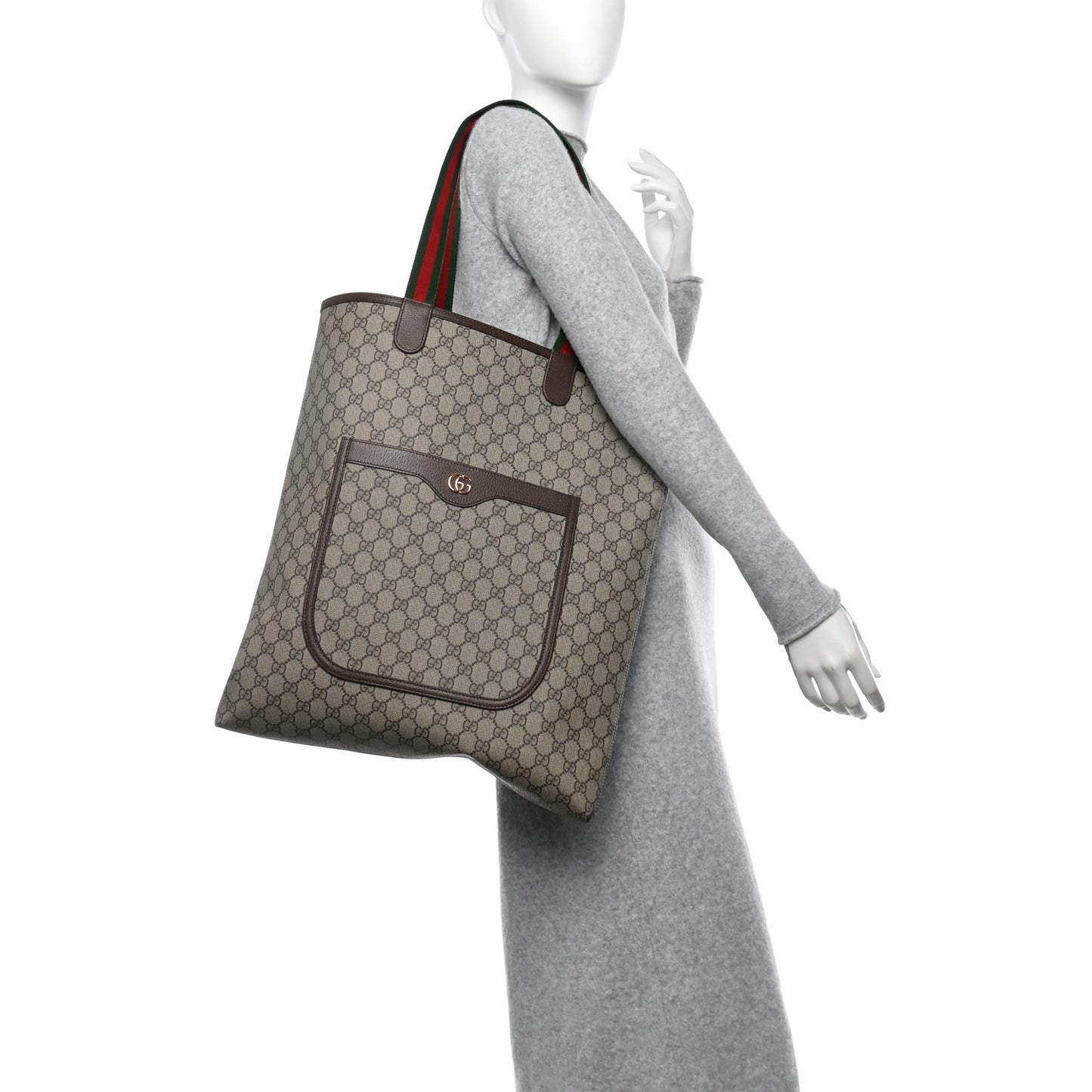 GG Supreme Monogram Web Large Ophidia Vertical  Front Pocket Shopping Tote Brown