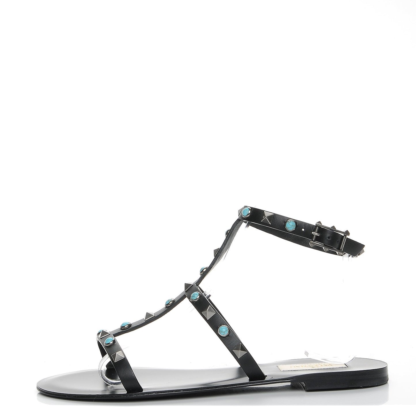Calfskin Rockstud Rolling Ankle Strap Flat Sandals 36.5 Black