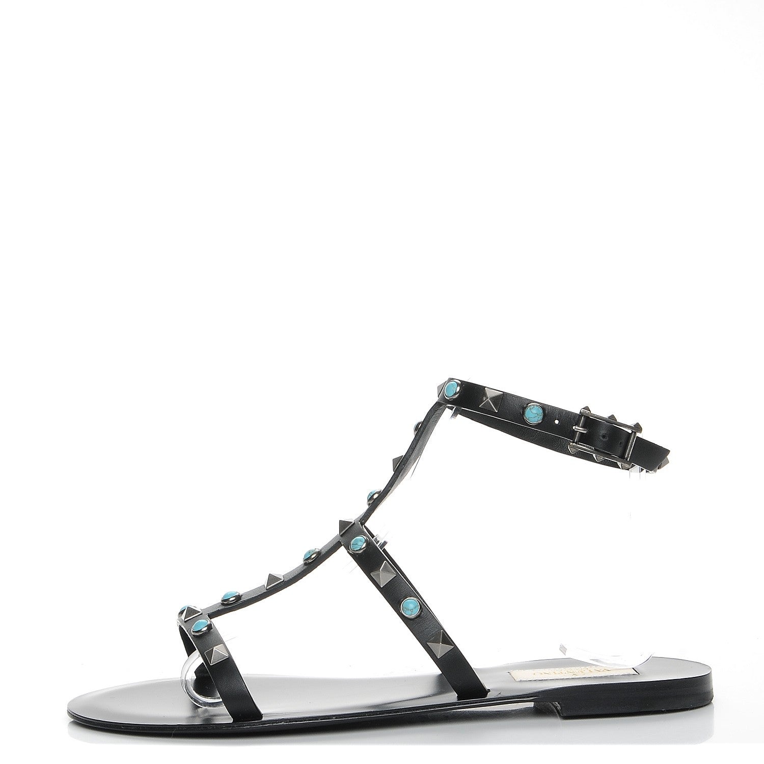 Valentino Garavani Calfskin Rockstud Rolling Ankle Strap Flat Sandals 36.5 Black 1 of 9