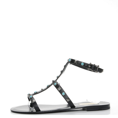 Valentino Garavani Calfskin Rockstud Rolling Ankle Strap Flat Sandals 36.5 Black 1 of 9