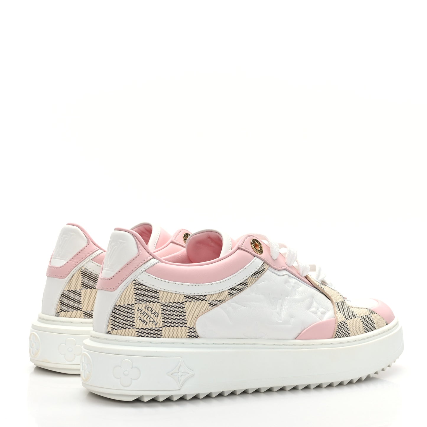 Monogram Embossed Calfskin Damier Azur Time Out Sneakers 38.5 Rose Clair Pink