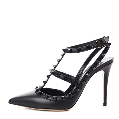 Valentino Garavani Calfskin Lacquered Monochrome Rockstud Ankle Strap 100mm Pumps 37.5 Black 1 of 8