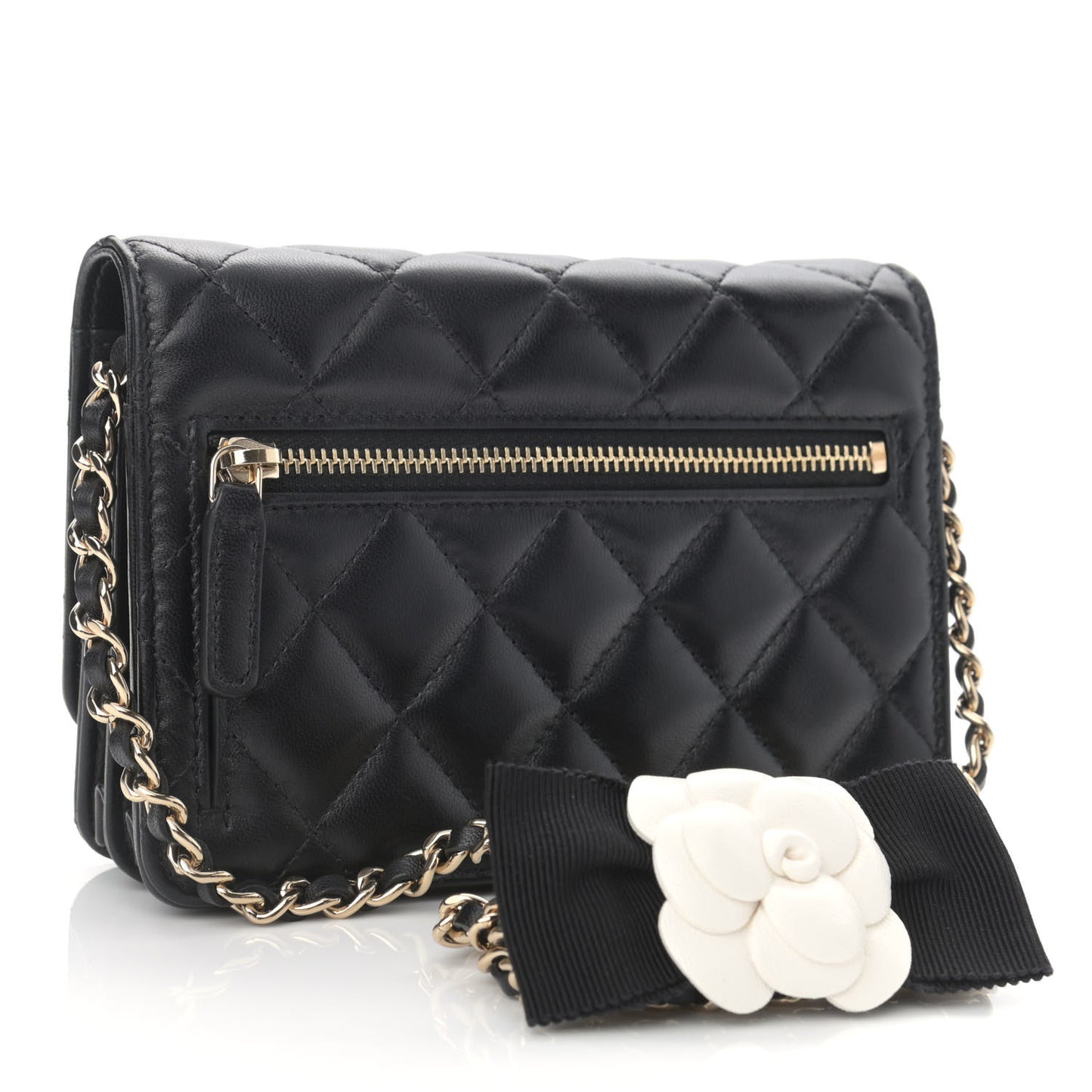 Lambskin Quilted Mini Camellia Bow Wallet On Chain WOC Black