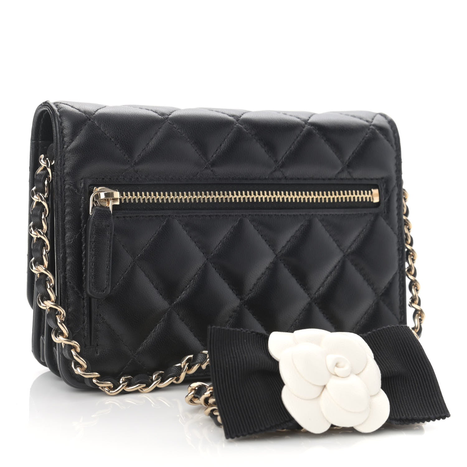 Chanel Lambskin Quilted Mini Camellia Bow Wallet On Chain WOC Black 3 of 11