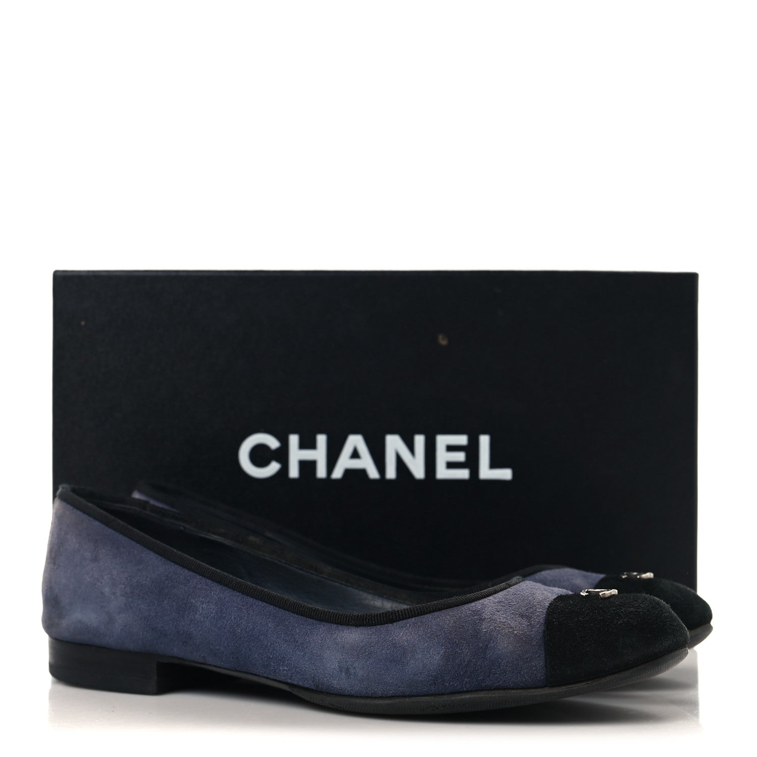 Chanel Suede Cap Toe CC Ballerina Flats 38.5 Blue Black 12 of 12