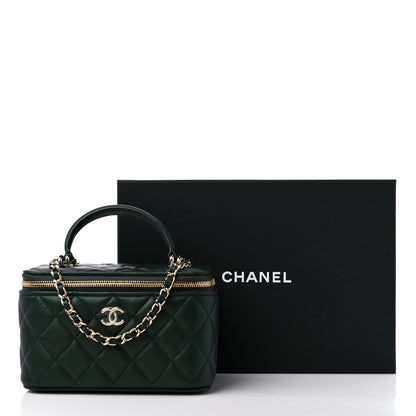 Chanel Iridescent Lambskin Quilted Small Top Handle Vanity Case With Chain Dark Green 10 of 10